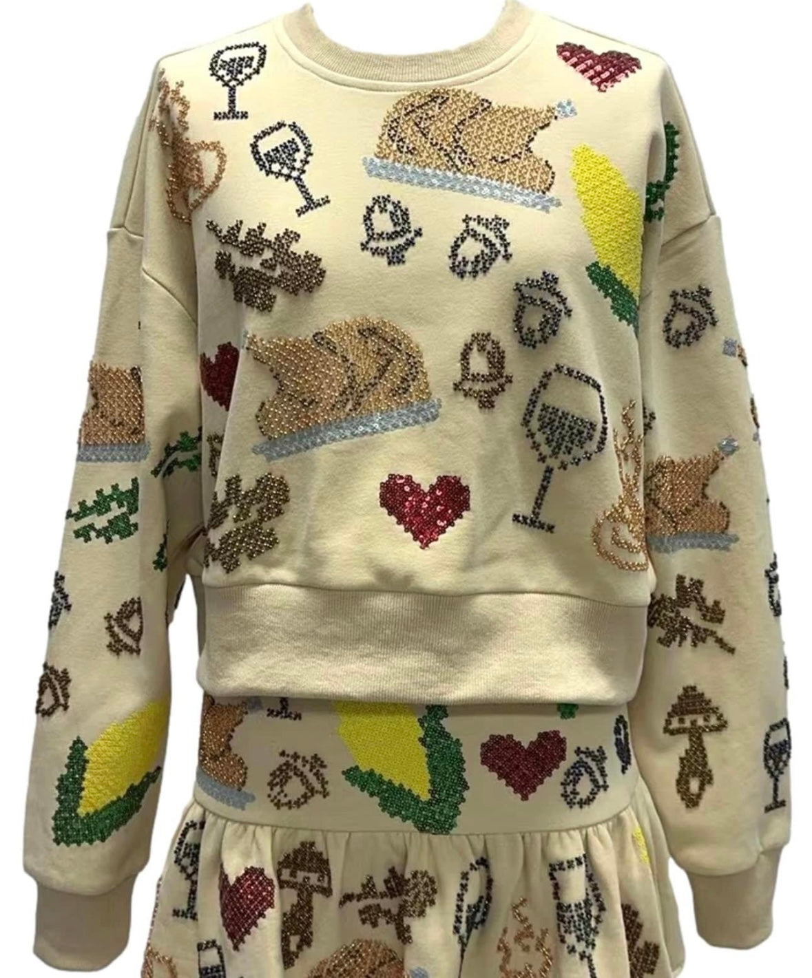 Queen of Sparkles - Tan Scattered Needlepoint Turkey Dinner Cropped Sweatshirt