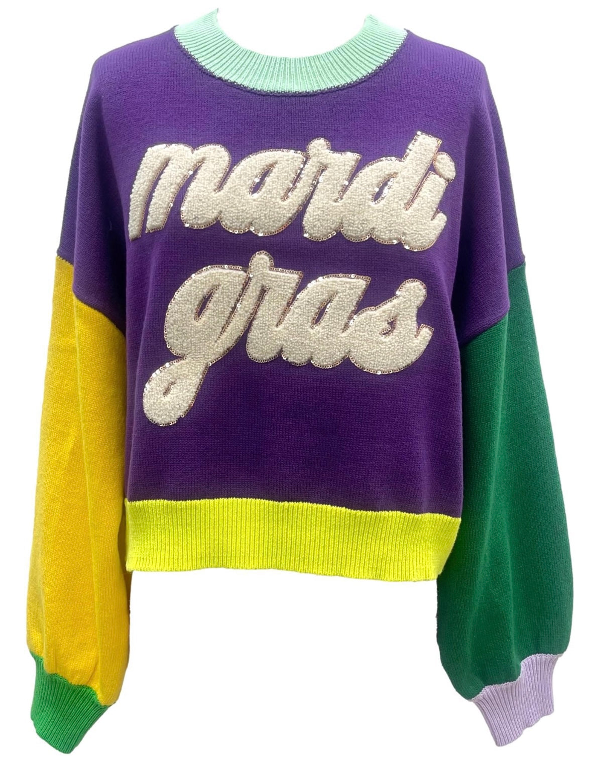 Queen of Sparkles - Mardi Gras Color Block Fuzzy Sweater