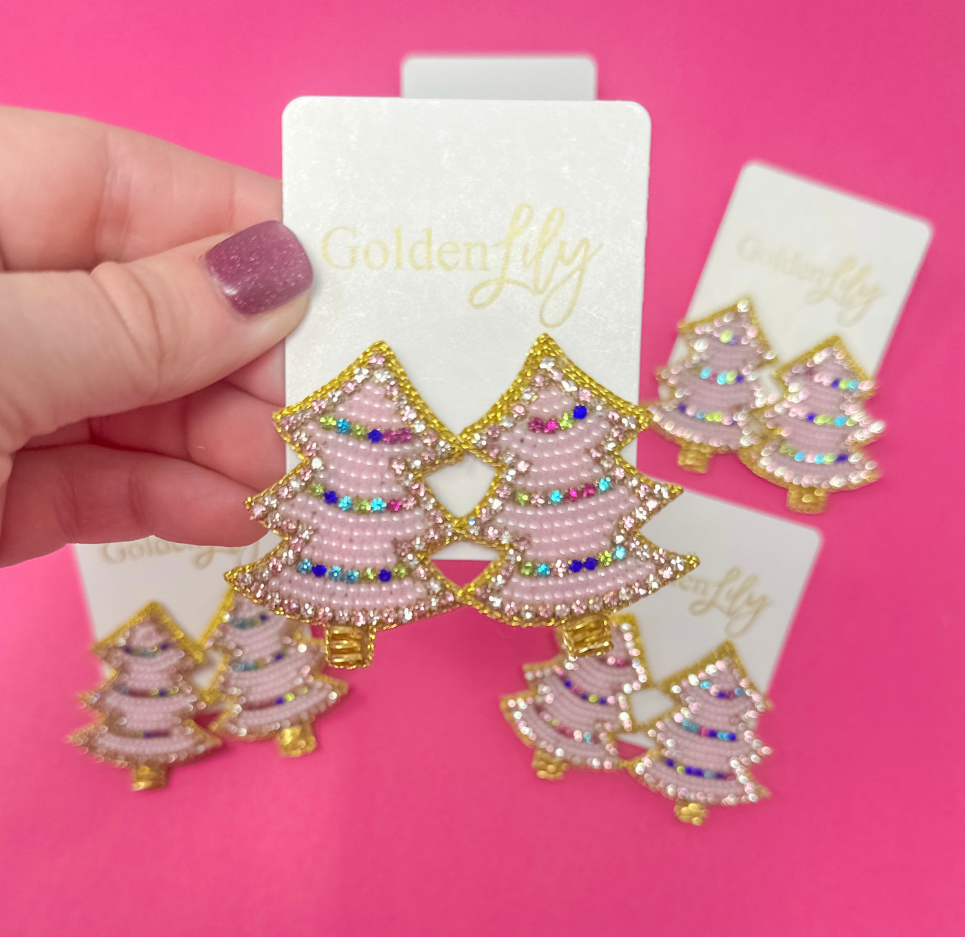 Sparkle Christmas Tree Stud Earrings - Pink