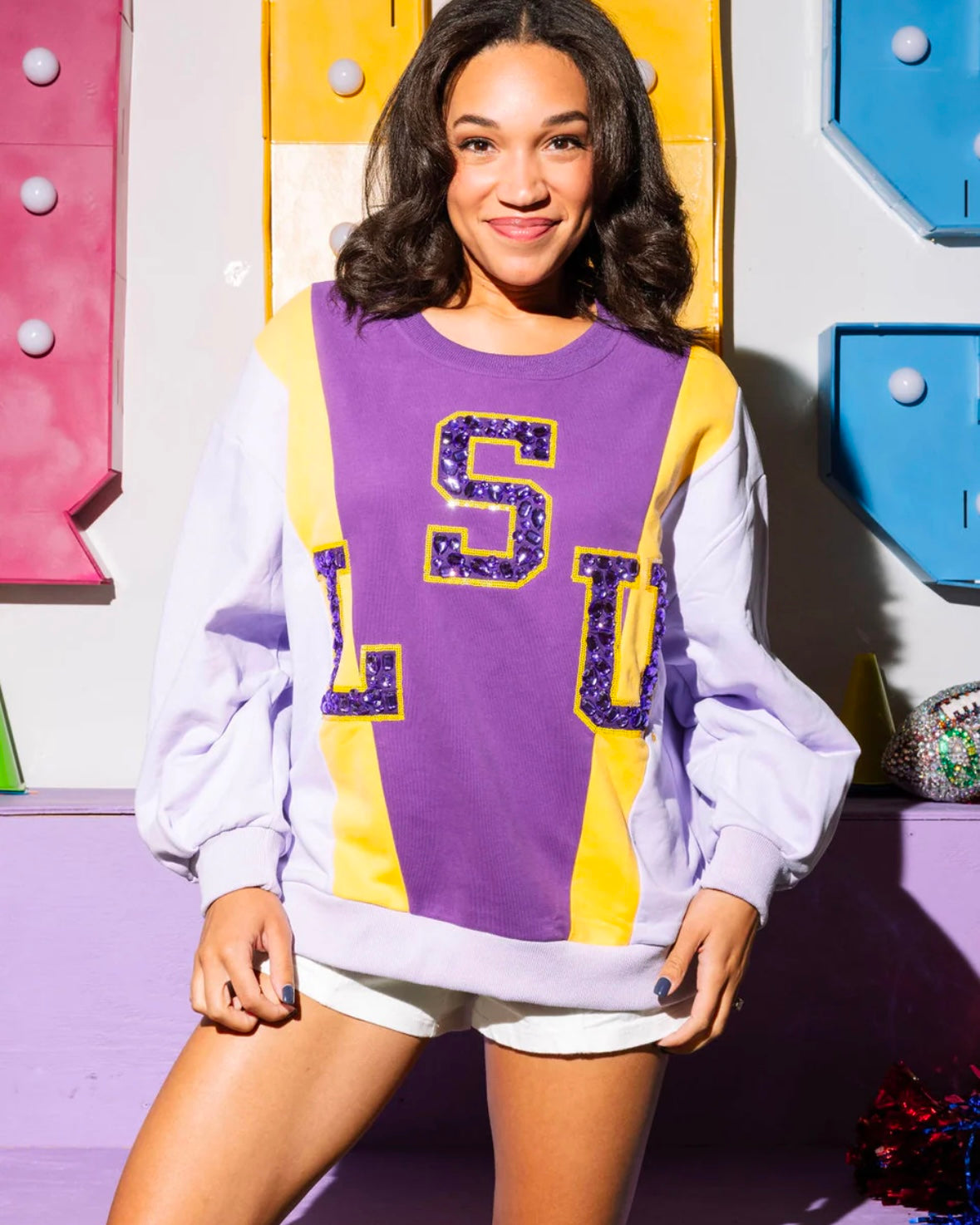 Queen of Sparkles - Licensed- Colorblock Rhinestone 'LSU' Sweatshirt