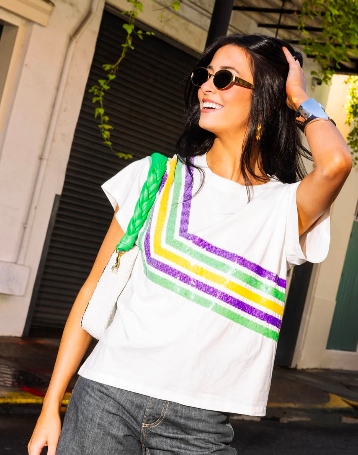 Queen of Sparkles - Mardi Gras Diagonal Sequin Stripe Tee - White