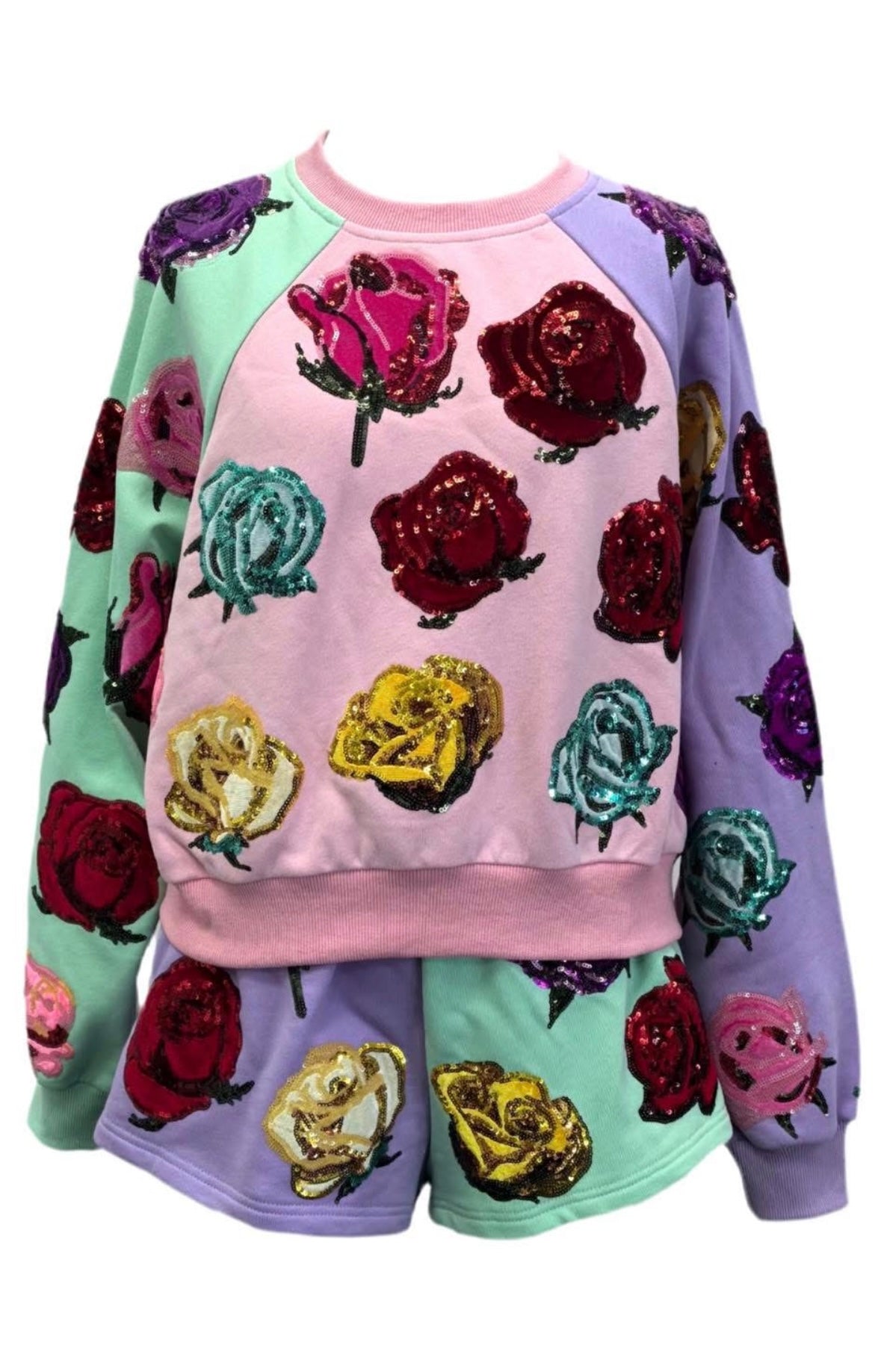 Queen of Sparkles - Pastel Colorblock Velvet Roses Sweatshirt