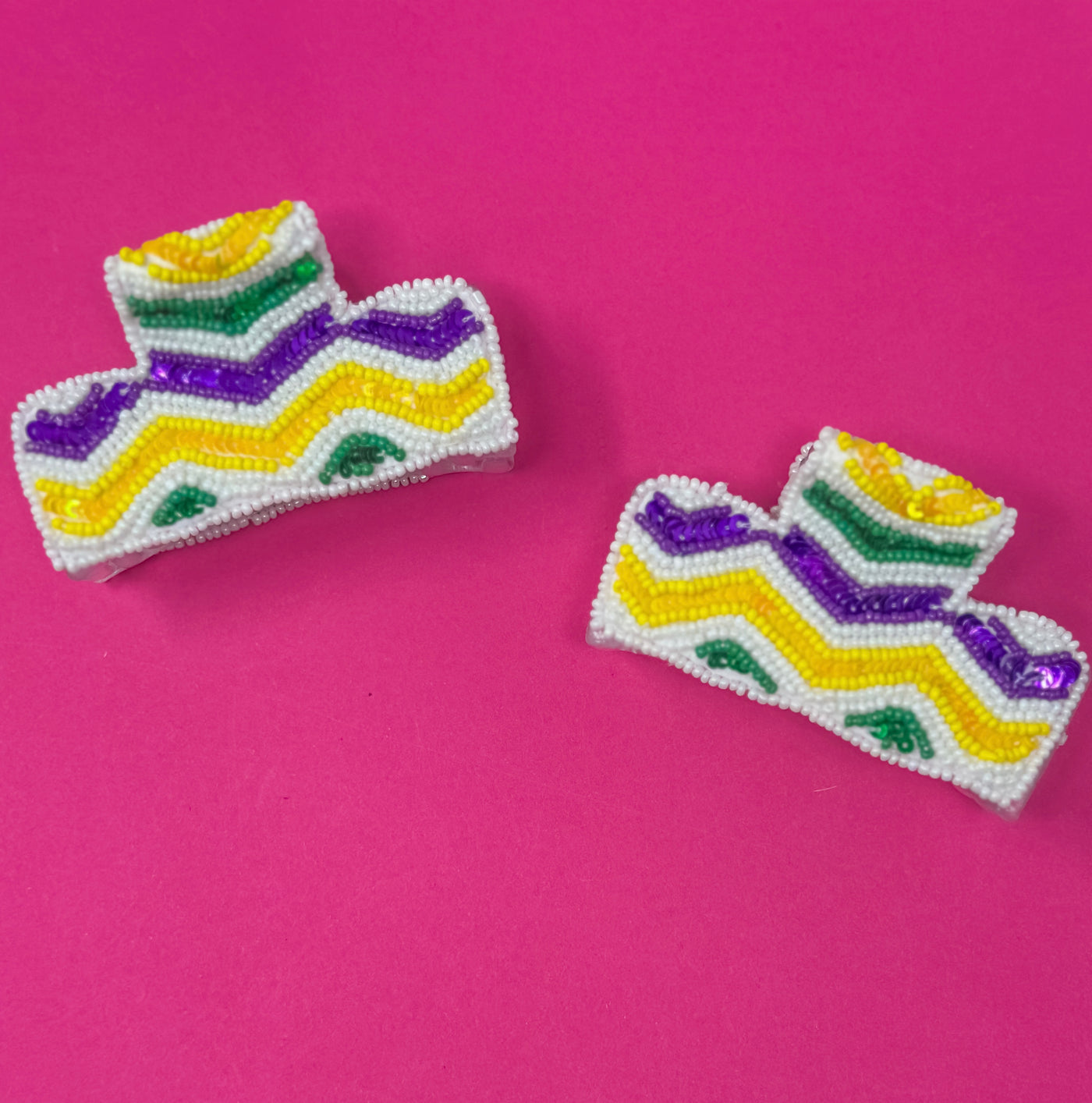 Mardi Gras Seed Bead Claw Clip - Sequin Chevron - White