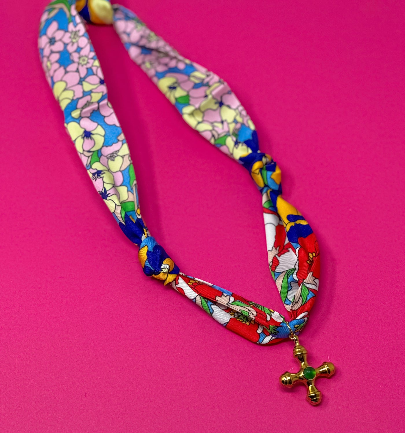 Scarf Charm Necklace - Multi Blue and Green Scarf with Gold and Green Cross