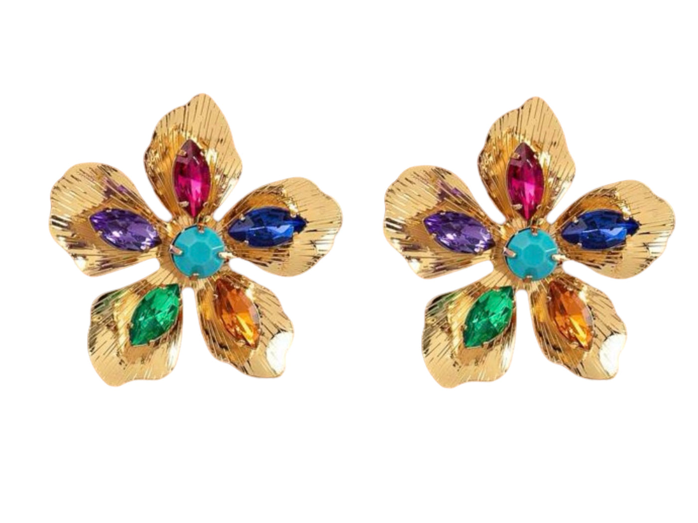 Gold Flower Stud Earrings with Multi Stone