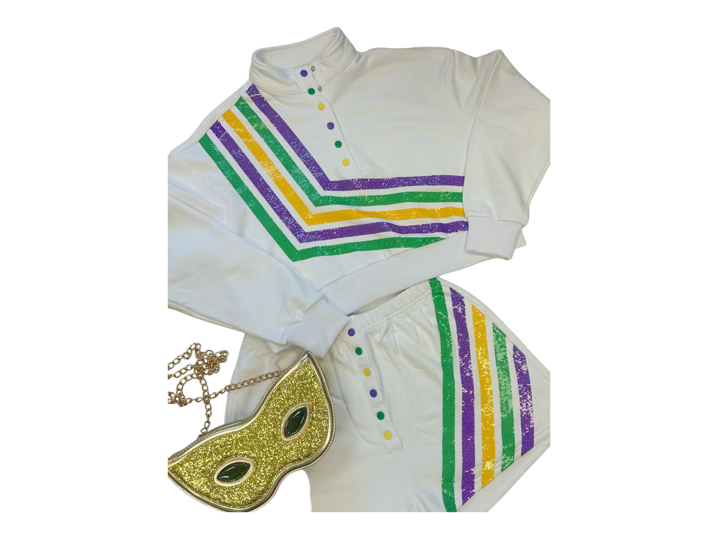 Queen of Sparkles - Mardi Gras White Diagonal Mardi Gras Stripe Henley Shorts - White