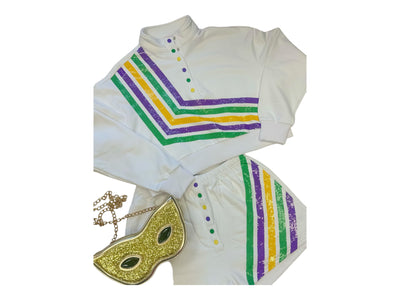 Queen of Sparkles - Mardi Gras White Diagonal Mardi Gras Stripe Henley Shorts - White