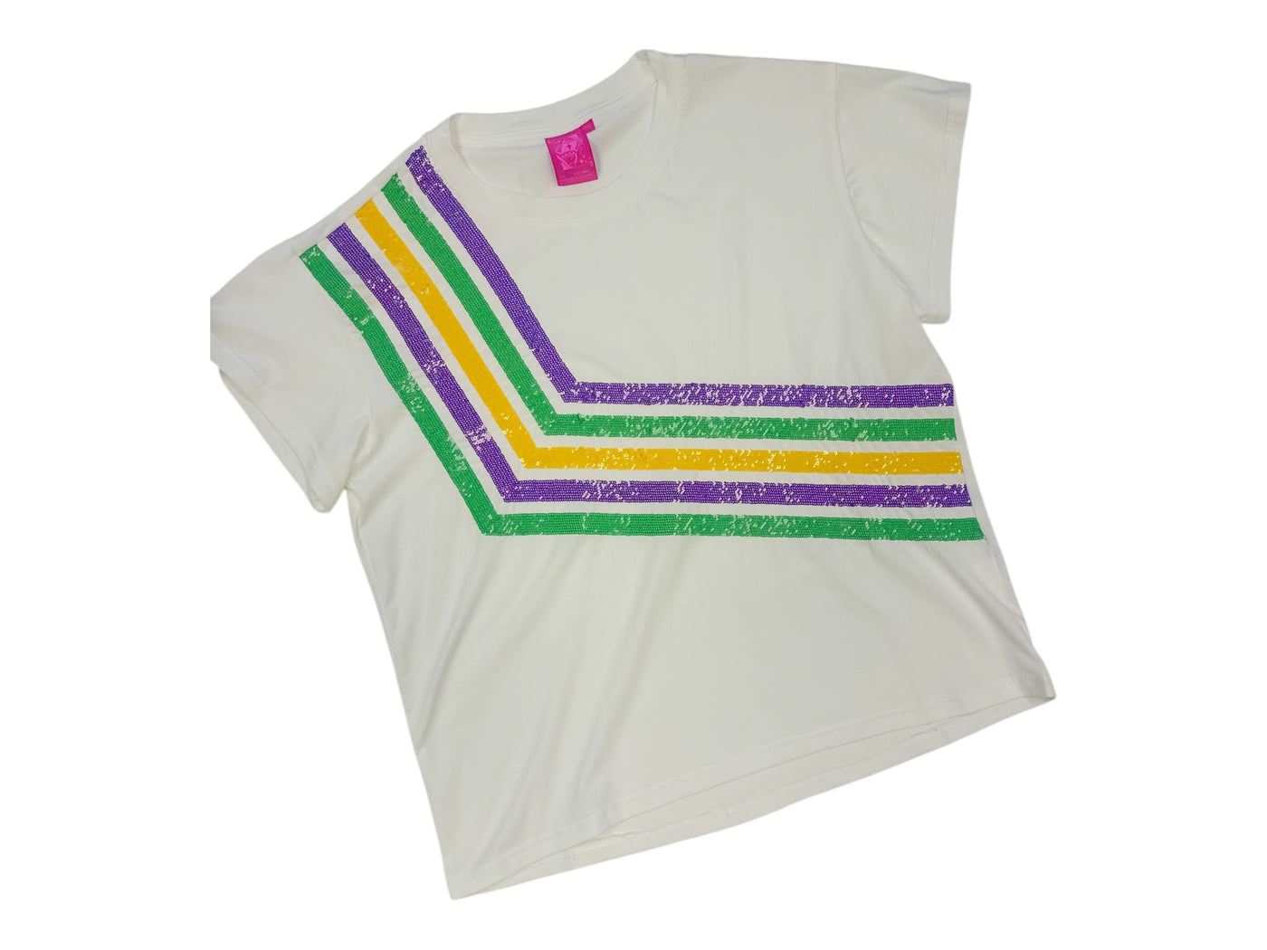 Queen of Sparkles - Mardi Gras Diagonal Sequin Stripe Tee - White