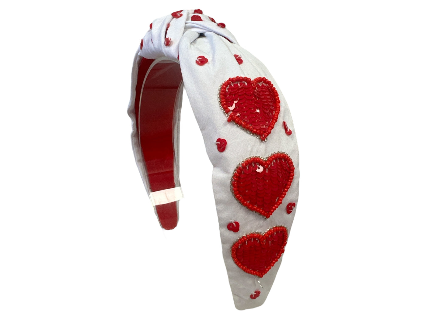 Headband Knot - White with Red Heart Sequins