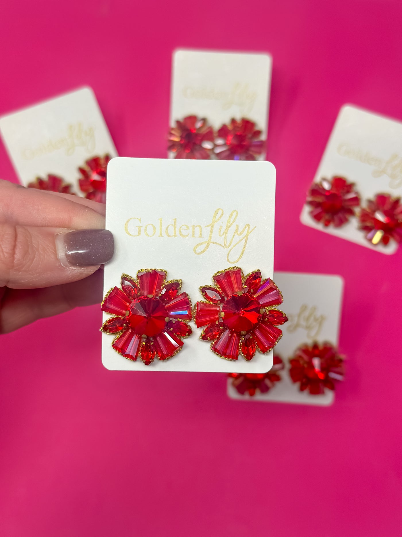 Rhinestone and Bead Burst Earrings - Red