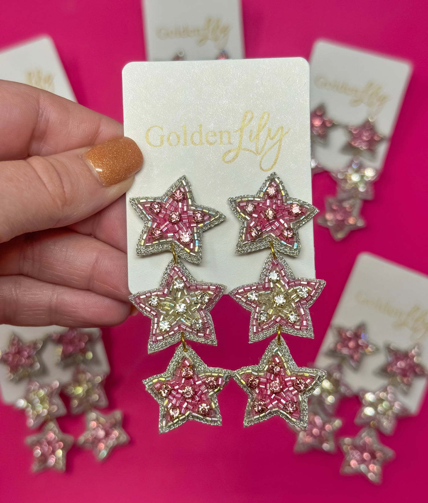 Rhinestone Triple Star Earrings - Pink and Silver