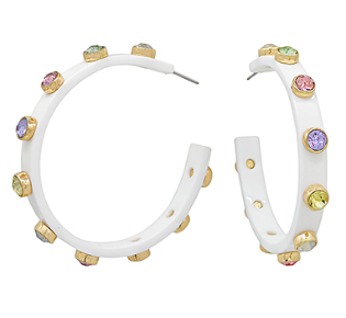 Rhinestone Hoop Earrings - White with Rainbow Stones