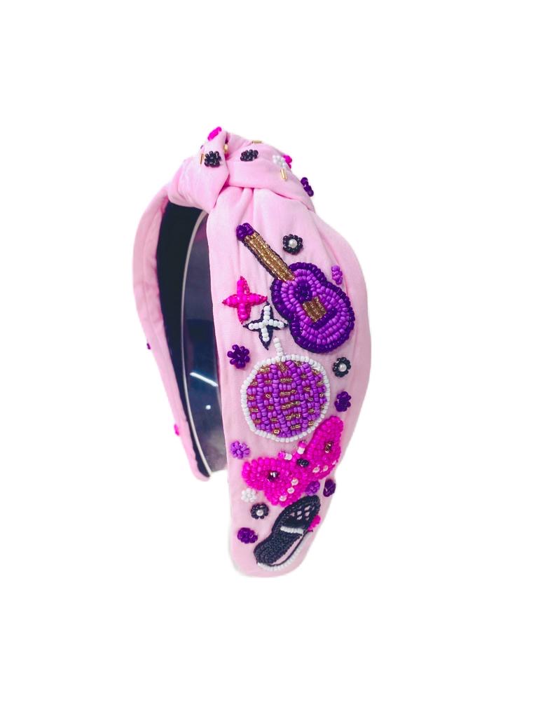 Headband Knot - Swiftie - Pink - Guitar, Disco Ball and Microphones