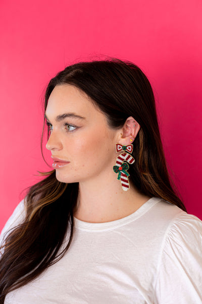 Christmas Candy Cane with Bow Earrings