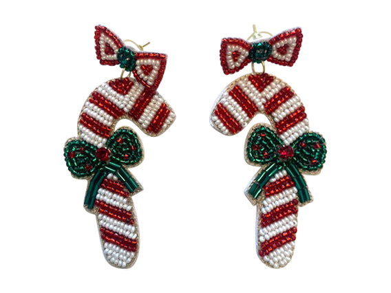 Christmas Candy Cane with Bow Earrings