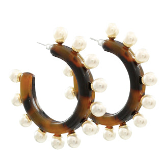 Acrylic Pearl Hoop Earrings - Dark Brown